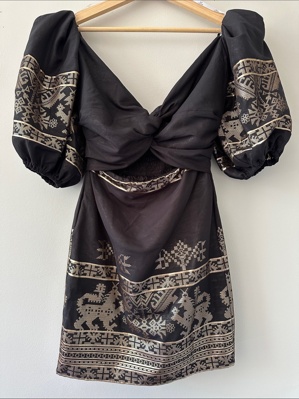 NWT Lace The Label Black Puff-Sleeve Gold Embroidered Mini Dress - Size Small
